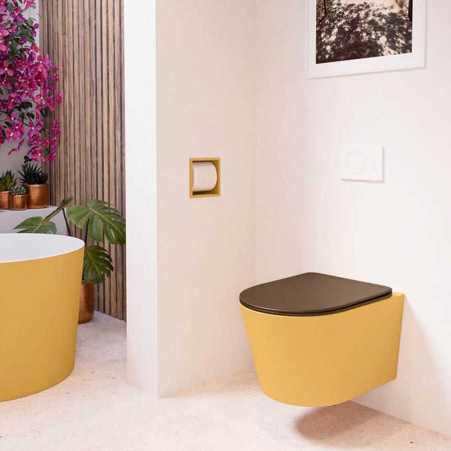 Mondiaz Wandcloset Lavie | Zonder spoelrand | Incl.Toiletzitting-Rust | Keramiek | Ocher (geel)