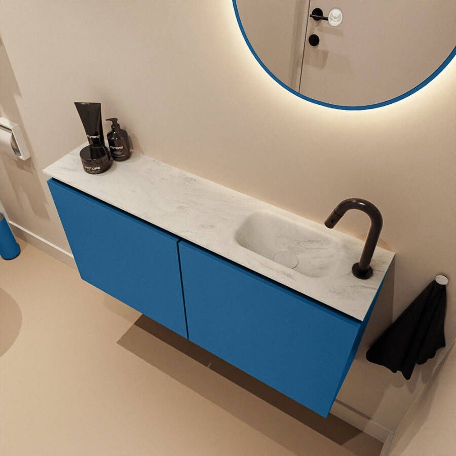 Mondiaz Toiletmeubel Ture Dlux | 100 cm | Meubelkleur Jeans | Eden wastafel Opalo Rechts | 1 kraangat