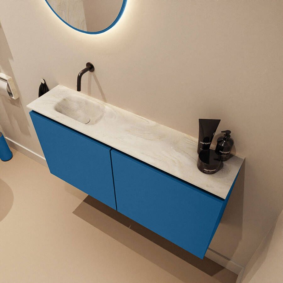 Mondiaz Toiletmeubel Ture Dlux | 100 cm | Meubelkleur Jeans | Eden wastafel Ostra Links | Zonder kraangat