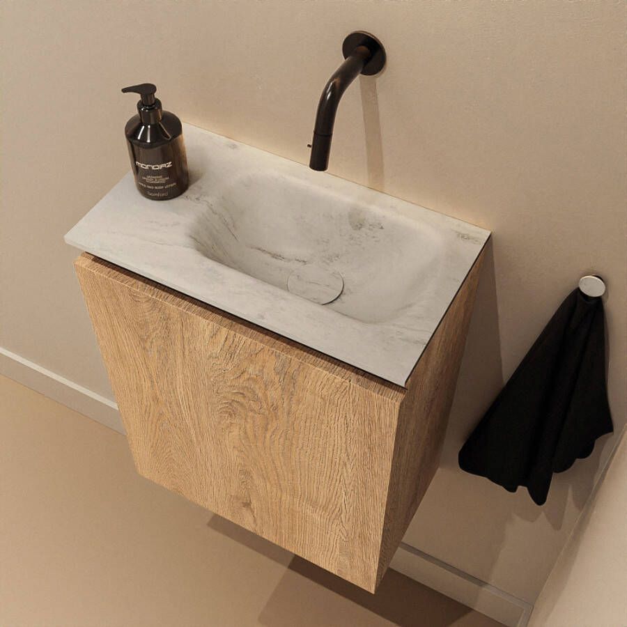 Mondiaz Toiletmeubel Ture Dlux | 40 cm | Meubelkleur Washed Oak | Eden wastafel Opalo Rechts | Zonder kraangat