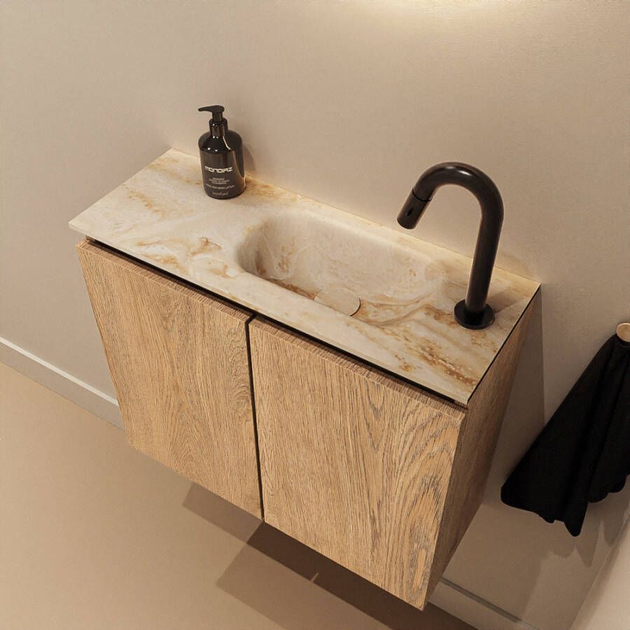 Mondiaz Toiletmeubel Ture Dlux | 60 cm | Meubelkleur Washed Oak | Eden wastafel Frappe Rechts | 1 kraangat