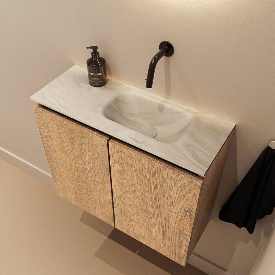 Mondiaz Toiletmeubel Ture Dlux | 60 cm | Meubelkleur Washed Oak | Eden wastafel Ostra Rechts | Zonder kraangat