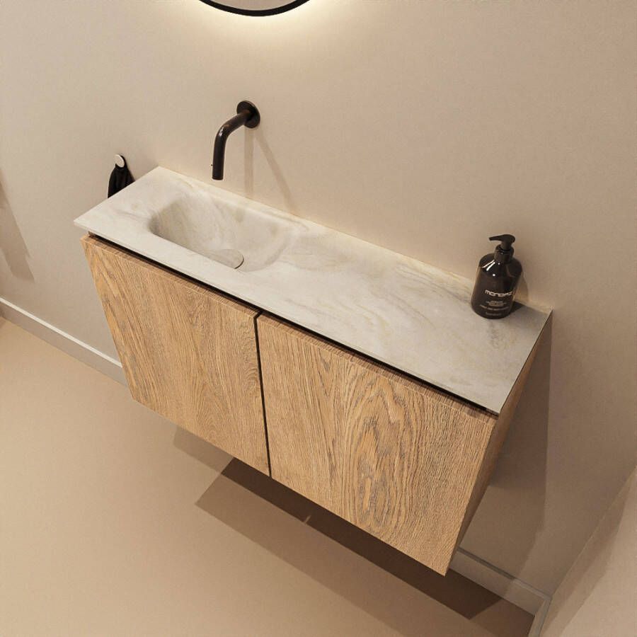 Mondiaz Toiletmeubel Ture Dlux | 80 cm | Meubelkleur Washed Oak | Eden wastafel Ostra Links | Zonder kraangat