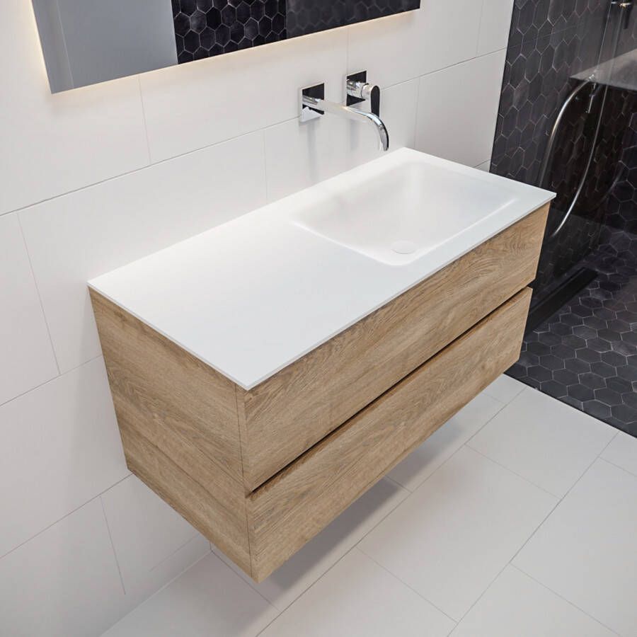Mondiaz VICA Badkamermeubelset 100cm 2 lades wasbak Cloud rechts 0 kraangaten solid surface washed oak PC75341232 - Foto 4