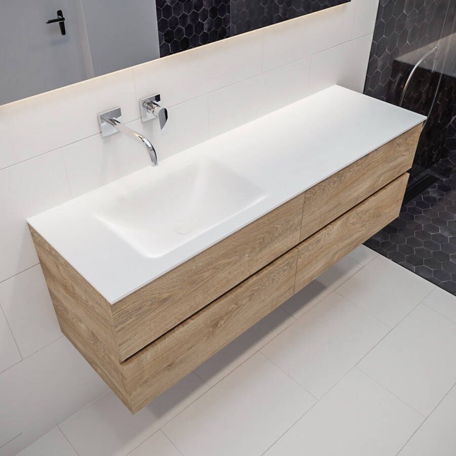 Mondiaz Vica Cloud badmeubel eiken licht 150 cm 4 lades solid surface enkele spoelbak links zonder kraangat