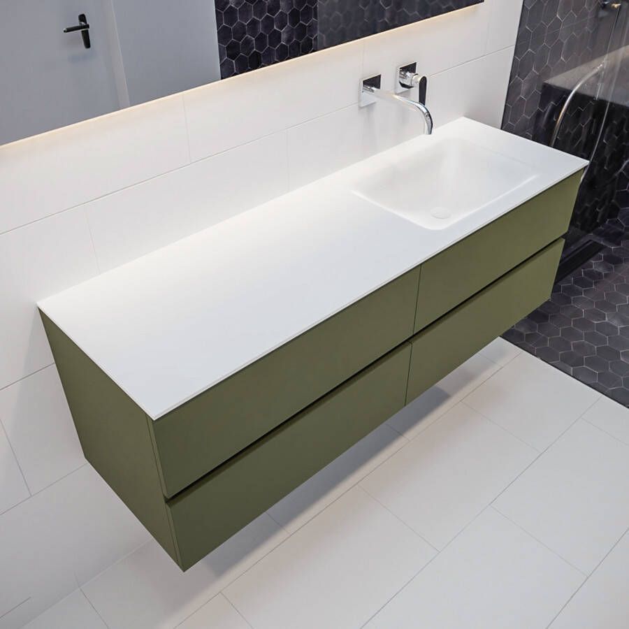 Mondiaz Vica Cloud badmeubel groen mat 150 cm 4 lades solid surface enkele spoelbak rechts zonder kraangat