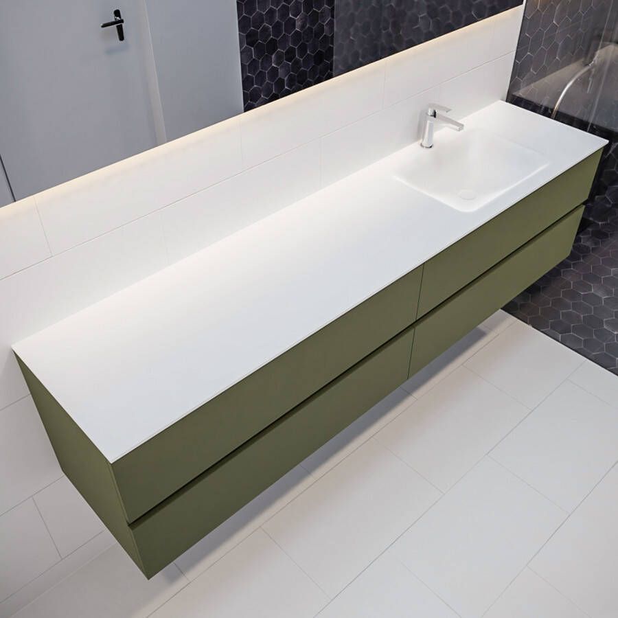 Mondiaz Vica Cloud badmeubel groen mat 200 cm 4 lades solid surface enkele spoelbak rechts 1 kraangat