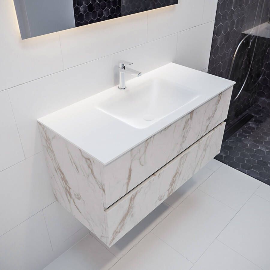 Mondiaz Vica Cloud badmeubel wit carrara mat 100 cm 2 lades solid surface enkele spoelbak midden 1 kraangat