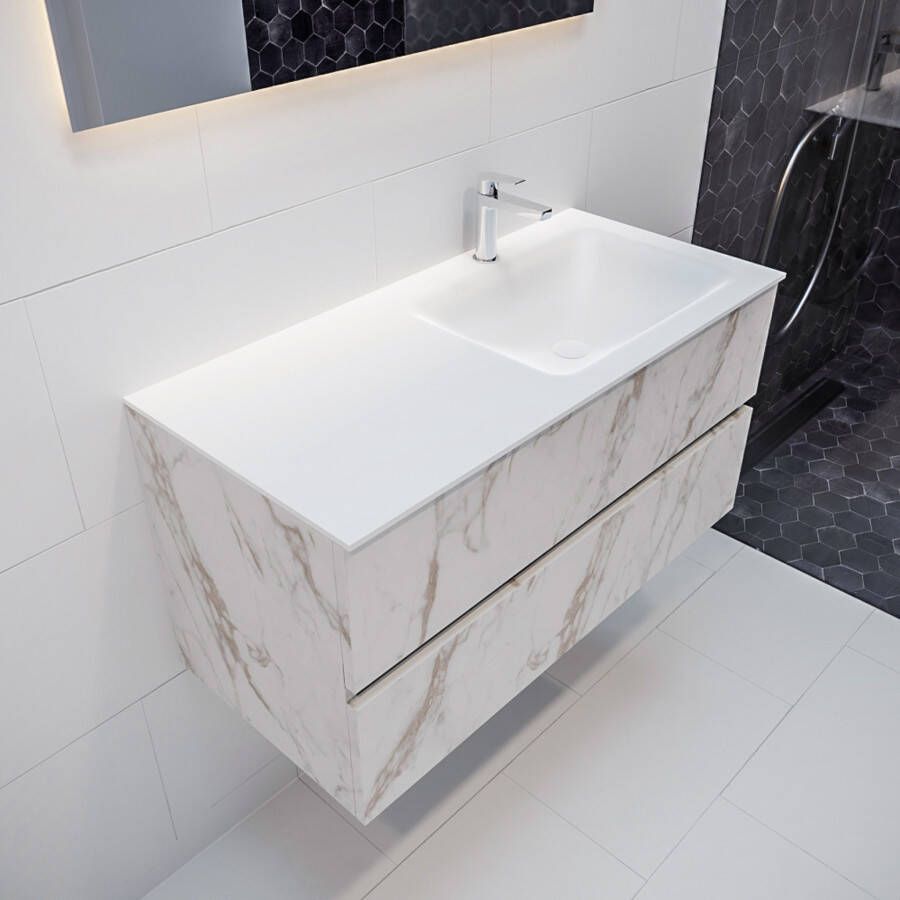 Mondiaz Vica Cloud badmeubel wit carrara mat 100 cm 2 lades solid surface enkele spoelbak rechts 1 kraangat