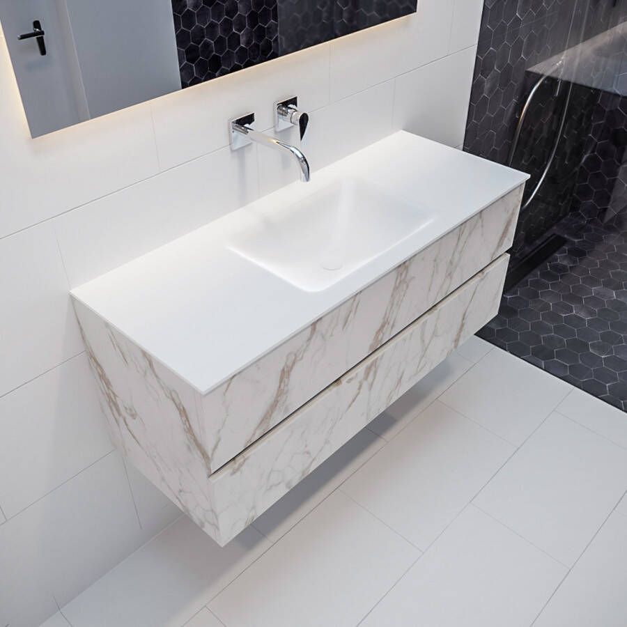 Mondiaz Vica Cloud badmeubel wit carrara mat 120 cm 2 lades solid surface enkele spoelbak midden zonder kraangat