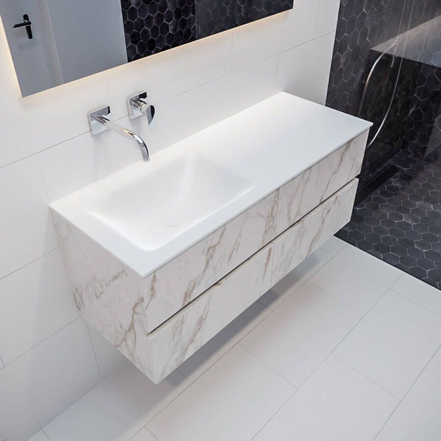 Mondiaz Vica Cloud badmeubel wit carrara mat 120 cm 4 lades solid surface enkele spoelbak links zonder kraangat