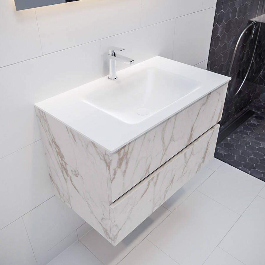 Mondiaz Vica Cloud badmeubel wit carrara mat 80 cm 2 lades solid surface enkele spoelbak midden 1 kraangat