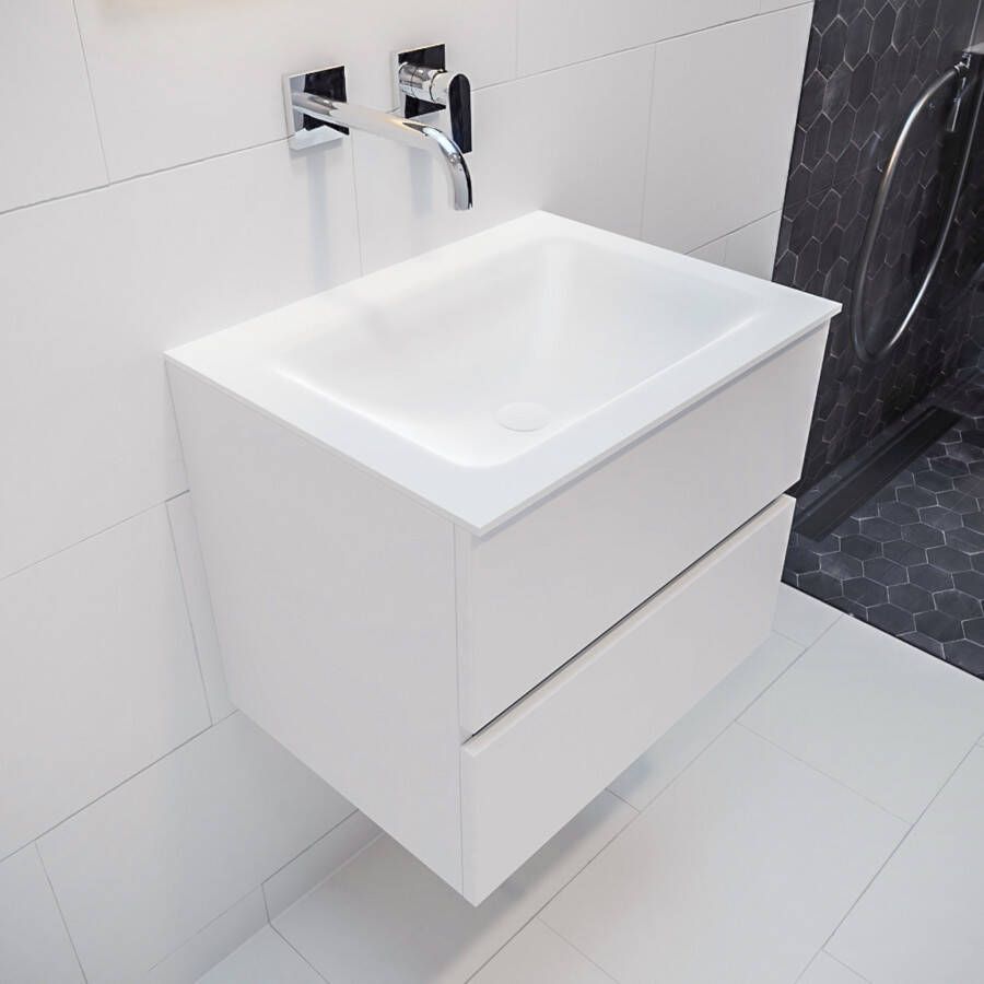 Mondiaz Vica Cloud badmeubel wit mat 60 cm 2 lades solid surface enkele spoelbak midden zonder kraangat