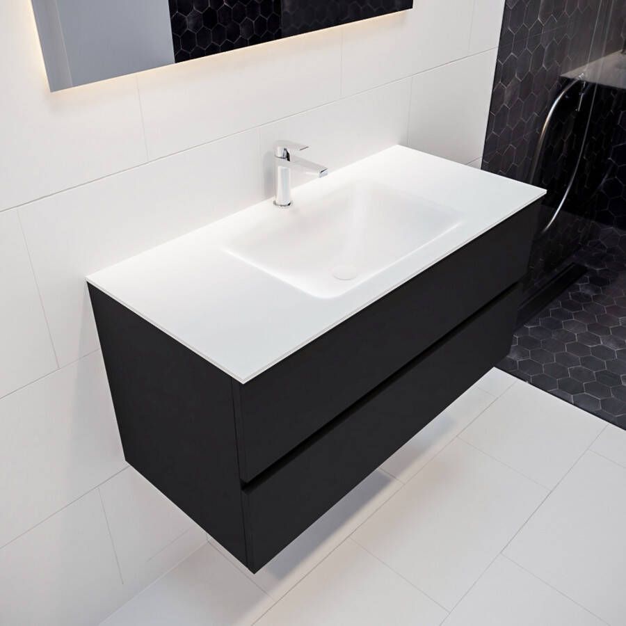 Mondiaz Vica Cloud badmeubel zwart mat 100 cm 2 lades solid surface enkele spoelbak midden 1 kraangat