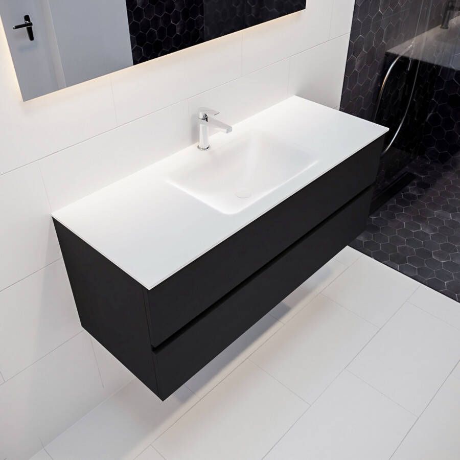 Mondiaz Vica Cloud badmeubel zwart mat 120 cm 2 lades solid surface enkele spoelbak midden 1 kraangat