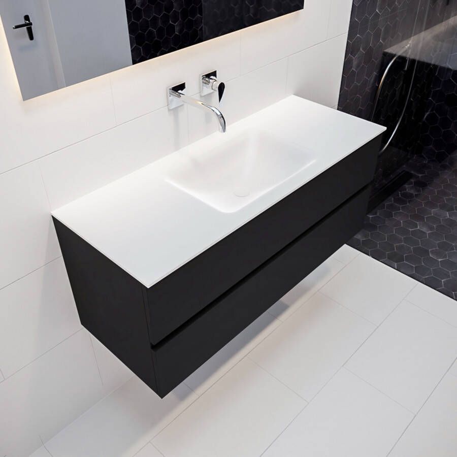 Mondiaz Vica Cloud badmeubel zwart mat 120 cm 2 lades solid surface enkele spoelbak midden zonder kraangat