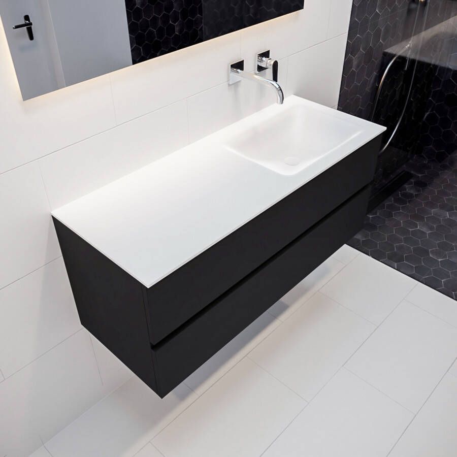 Mondiaz Vica Cloud badmeubel zwart mat 120 cm 2 lades solid surface enkele spoelbak rechts zonder kraangat