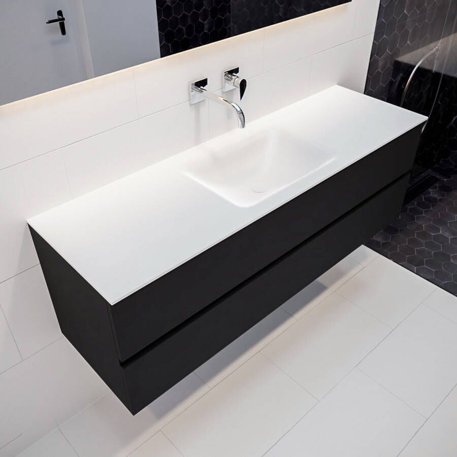 Mondiaz Vica Cloud badmeubel zwart mat 150 cm 2 lades solid surface enkele spoelbak midden zonder kraangat