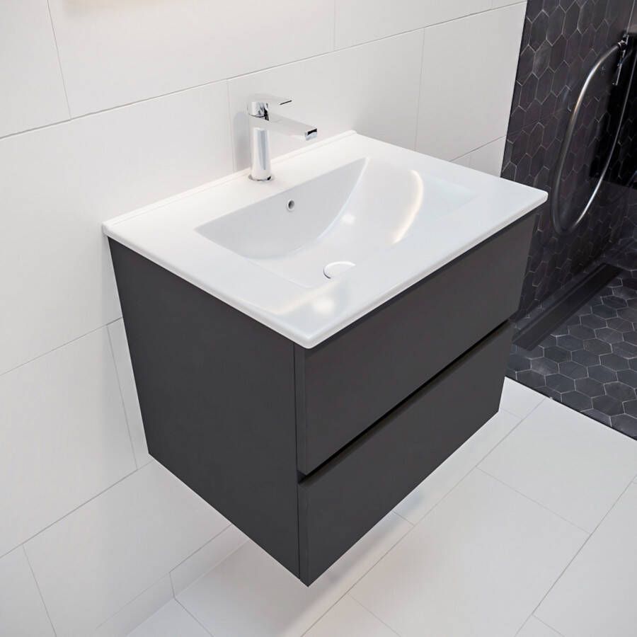 Mondiaz Vica Denia badmeubel antraciet mat 60 cm 2 lades keramiek enkele spoelbak midden 1 kraangat