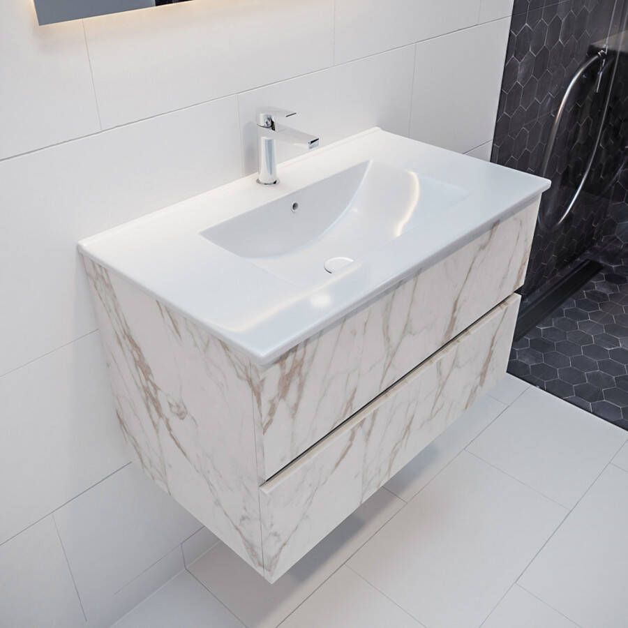 Mondiaz Vica Denia badmeubel wit carrara mat 80 cm 2 lades keramiek enkele spoelbak midden 1 kraangat