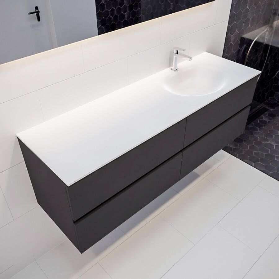 Mondiaz Vica Moon badmeubel antraciet mat 150 cm 4 lades solid surface enkele spoelbak rechts 1 kraangat