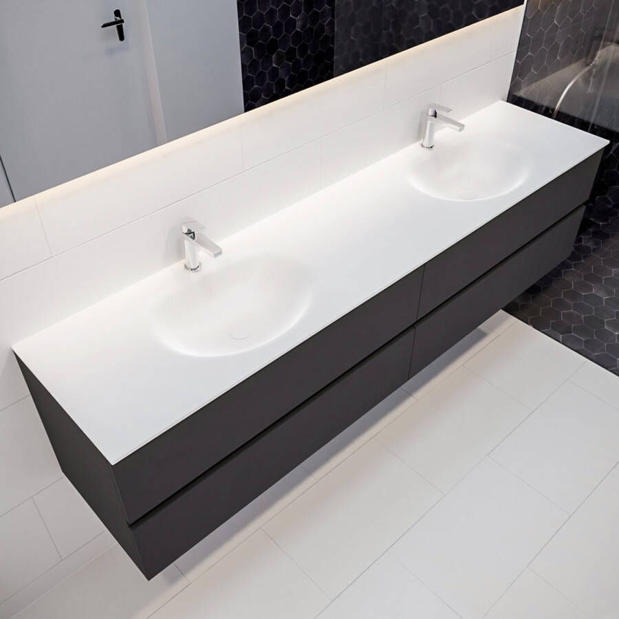Mondiaz Vica Moon badmeubel antraciet mat 200 cm 4 lades solid surface dubbele spoelbak 2 kraangaten