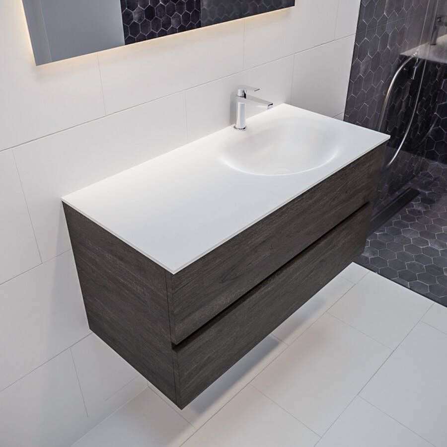 Mondiaz Vica Moon badmeubel eiken donker bruin 100 cm 2 lades solid surface enkele spoelbak rechts 1 kraangat