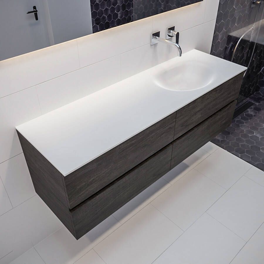 Mondiaz Vica Moon badmeubel eiken donker bruin 150 cm 4 lades solid surface enkele spoelbak rechts zonder kraangat