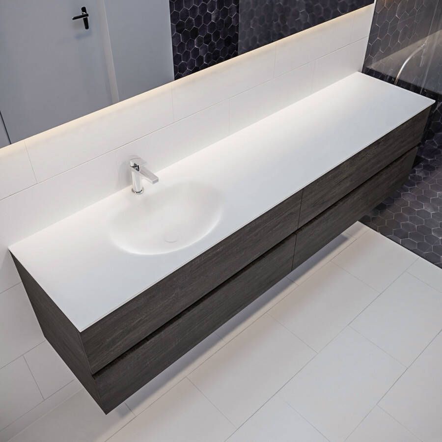 Mondiaz Vica Moon badmeubel eiken donker bruin 200 cm 4 lades solid surface enkele spoelbak links 1 kraangat
