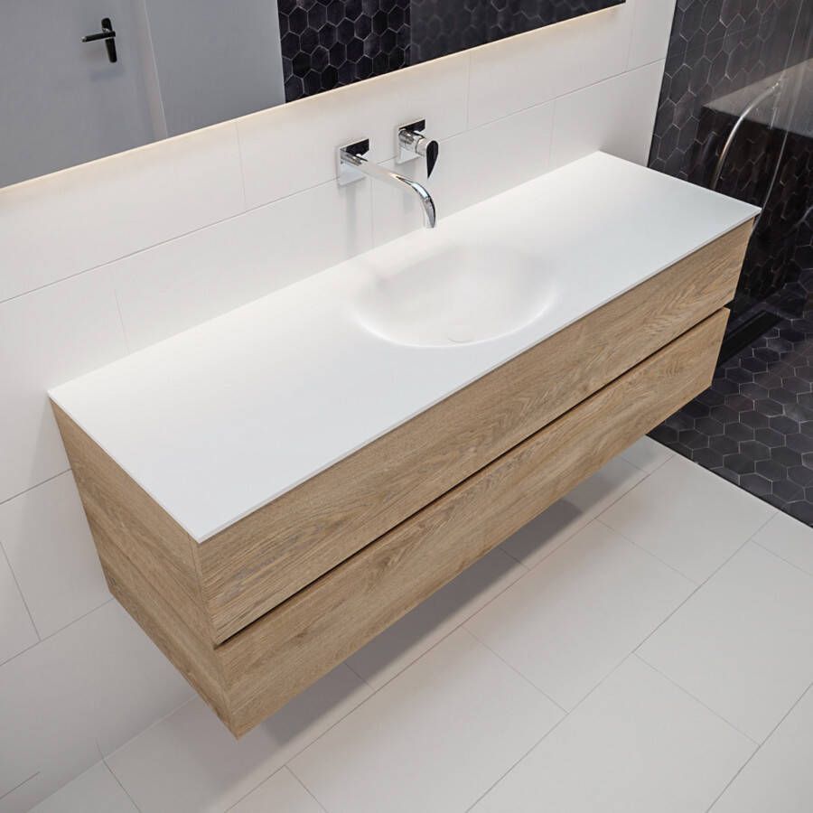 Mondiaz VICA Badkamermeubelset 150cm 2 lades wasbak Moon midden 0 kraangaten solid surface washed oak PC75341208 - Foto 4