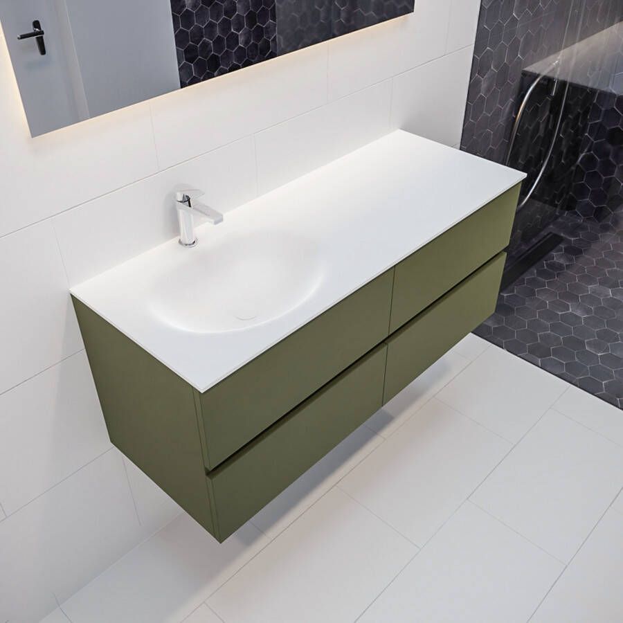 Mondiaz Vica Moon badmeubel groen mat 120 cm 4 lades solid surface enkele spoelbak links 1 kraangat