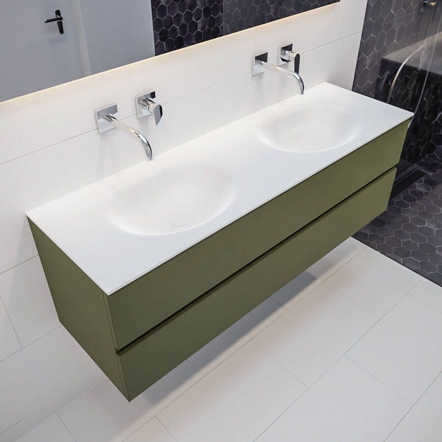 Mondiaz Vica Moon badmeubel groen mat 150 cm 2 lades solid surface dubbele spoelbak zonder kraangat