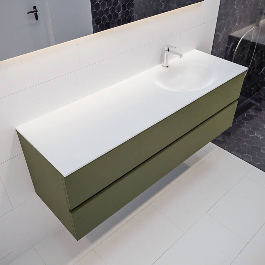 Mondiaz Vica Moon badmeubel groen mat 150 cm 2 lades solid surface enkele spoelbak rechts 1 kraangat