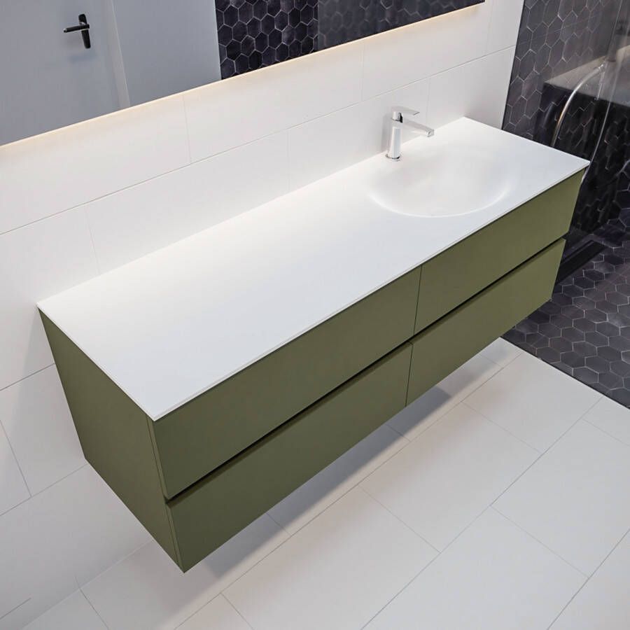 Mondiaz Vica Moon badmeubel groen mat 150 cm 4 lades solid surface enkele spoelbak rechts 1 kraangat