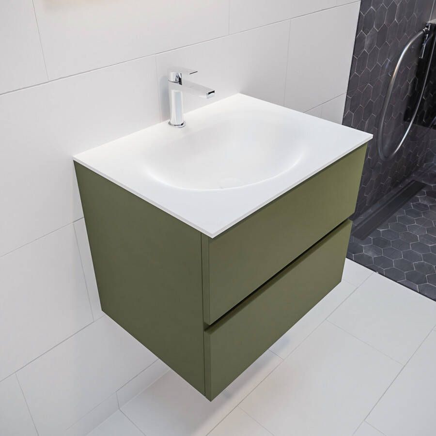 Mondiaz Vica Moon badmeubel groen mat 60 cm 2 lades solid surface enkele spoelbak midden 1 kraangat