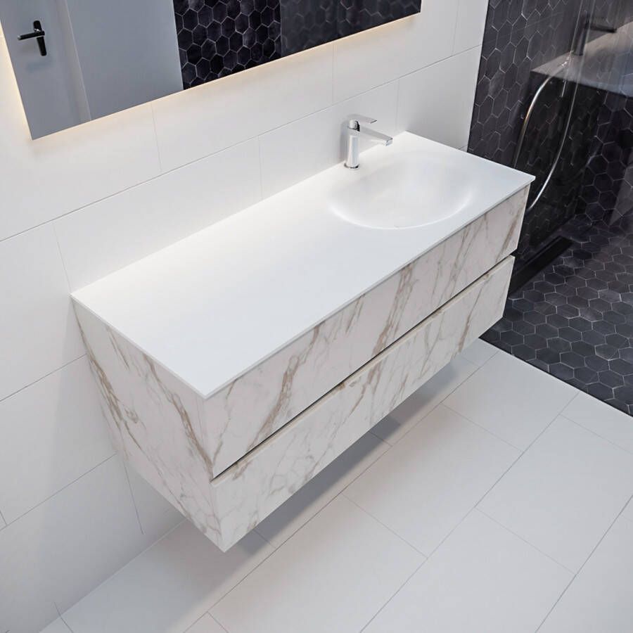 Mondiaz Vica Moon badmeubel wit carrara mat 120 cm 2 lades solid surface enkele spoelbak rechts 1 kraangat