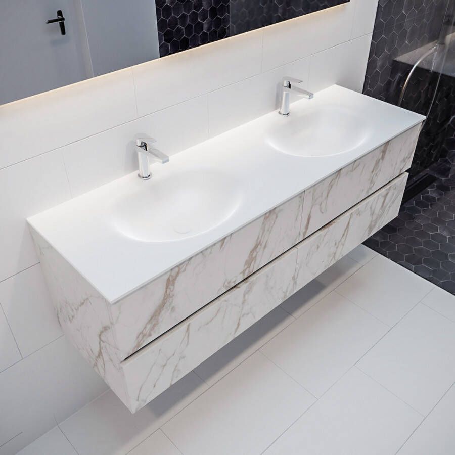 Mondiaz Vica Moon badmeubel wit carrara mat 150 cm 4 lades solid surface dubbele spoelbak 2 kraangaten