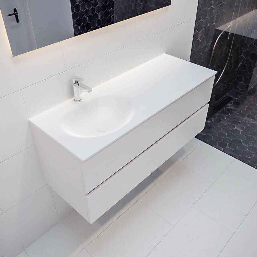 Mondiaz Vica Moon badmeubel wit mat 120 cm 2 lades solid surface enkele spoelbak links 1 kraangat