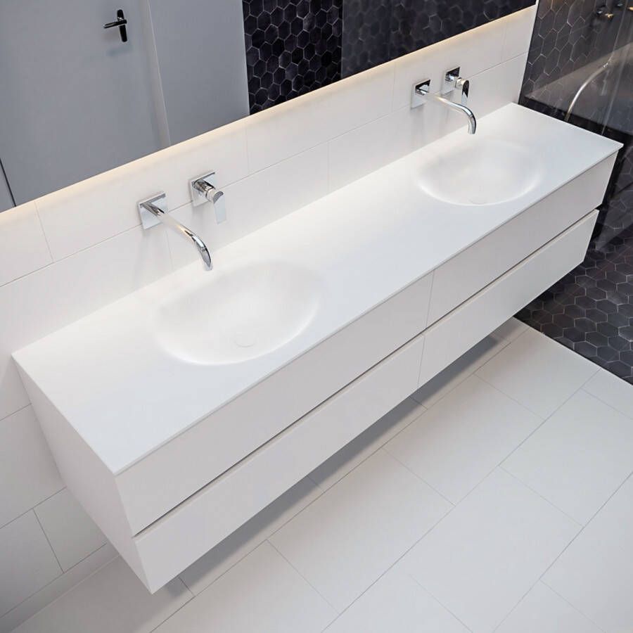Mondiaz Vica Moon badmeubel wit mat 200 cm 4 lades solid surface dubbele spoelbak zonder kraangat