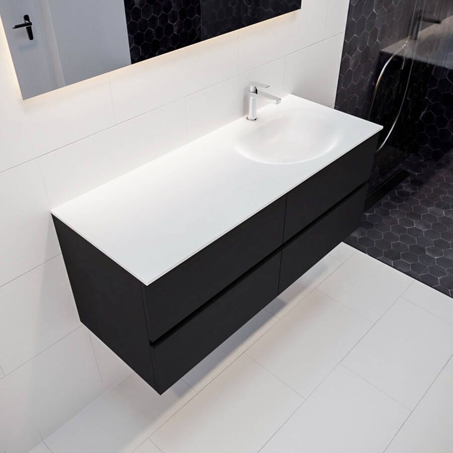 Mondiaz Vica Moon badmeubel zwart mat 120 cm 4 lades solid surface enkele spoelbak rechts 1 kraangat