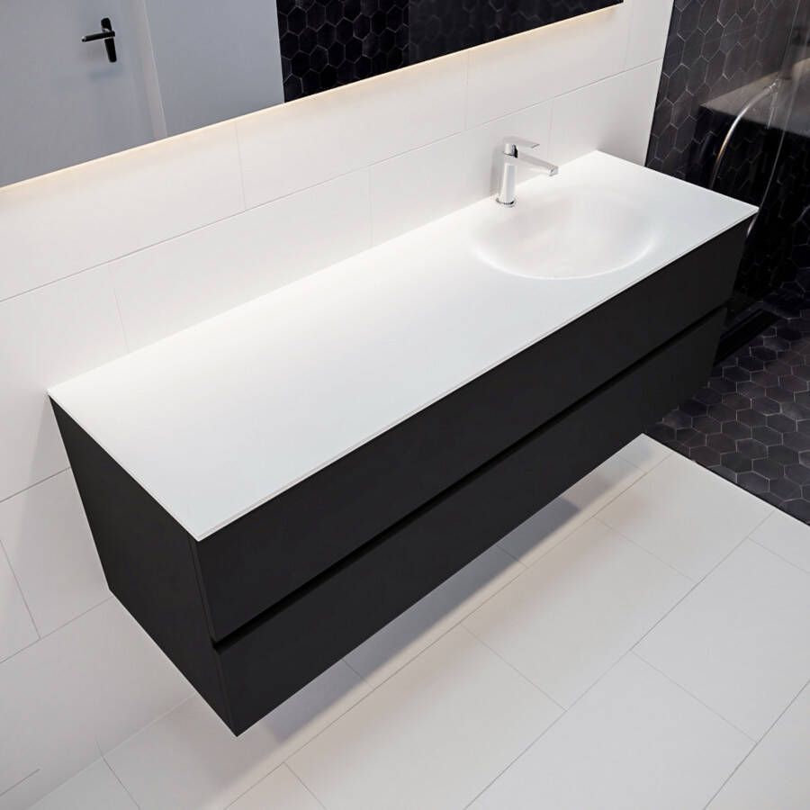 Mondiaz Vica Moon badmeubel zwart mat 150 cm 2 lades solid surface enkele spoelbak rechts 1 kraangat