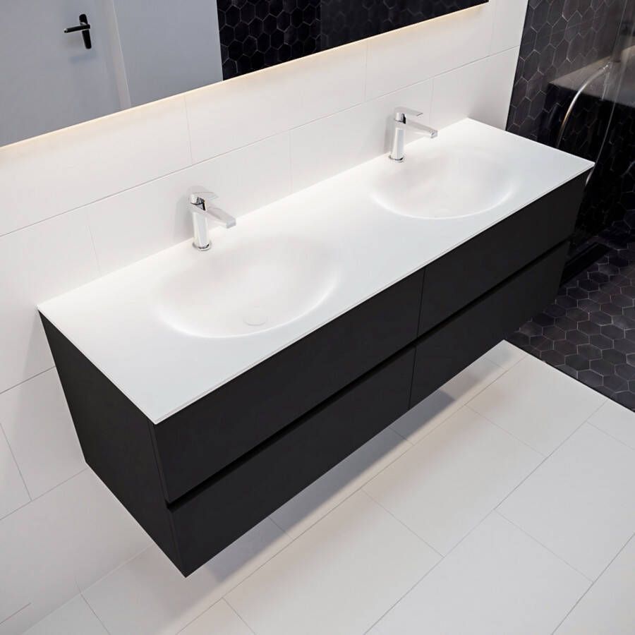 Mondiaz Vica Moon badmeubel zwart mat 150 cm 4 lades solid surface dubbele spoelbak 2 kraangaten