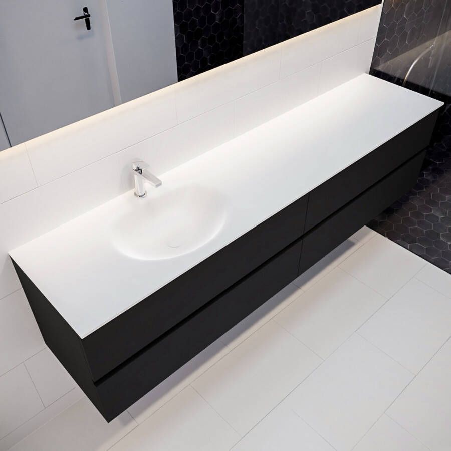 Mondiaz Vica Moon badmeubel zwart mat 200 cm 4 lades solid surface enkele spoelbak links 1 kraangat