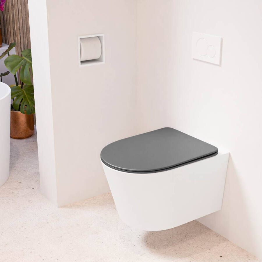 Mondiaz Wandcloset Lavie | Zonder spoelrand | Incl.Toiletzitting-Dark Grey | Keramiek | Talc (wit mat)