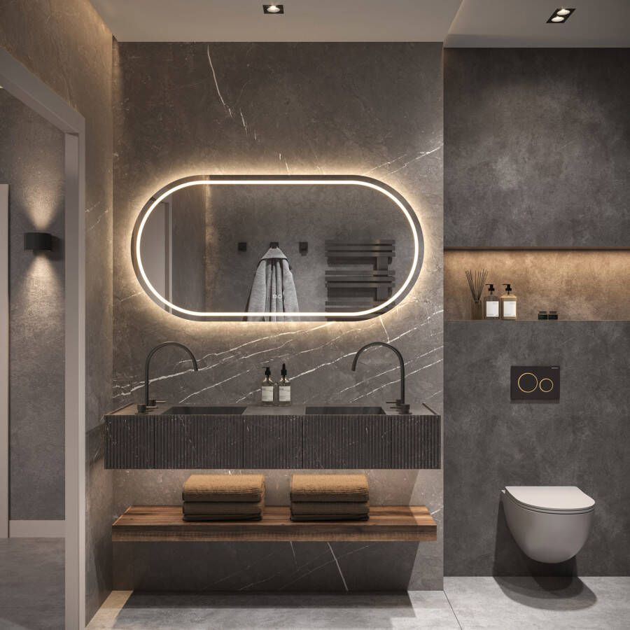 Phantom Badkamerspiegel | 100x70 cm | Ovaal | Directe en indirecte LED verlichting | Touch button | Met spiegelverwarming