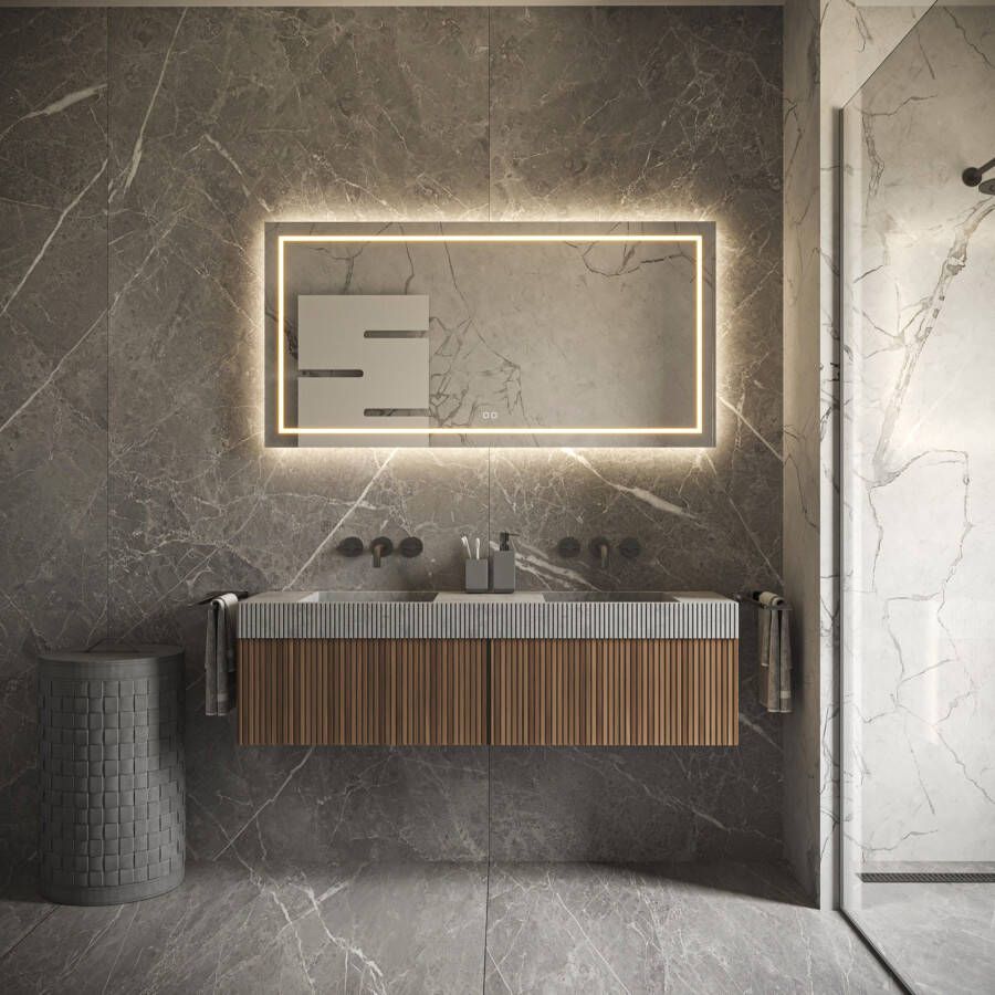 Phantom Badkamerspiegel | 100x70 cm | Rechthoekig | Directe en indirecte LED verlichting | Touch button | Met spiegelverwarming