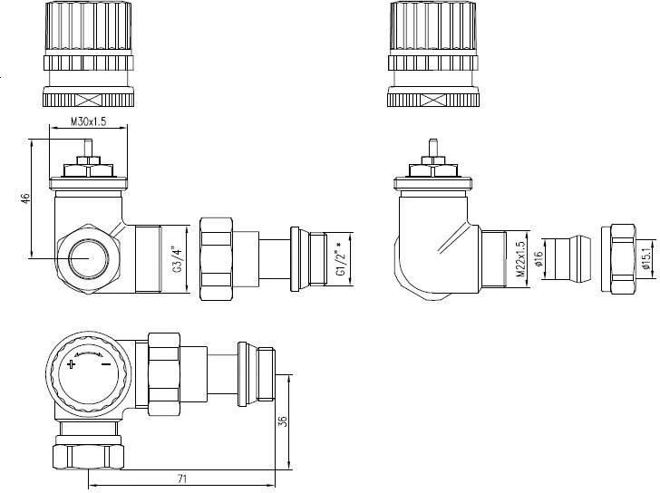 Riko luxe therm. ventiel 1 2&apos;&apos;x15 (M22) knel haaks rechts chroom