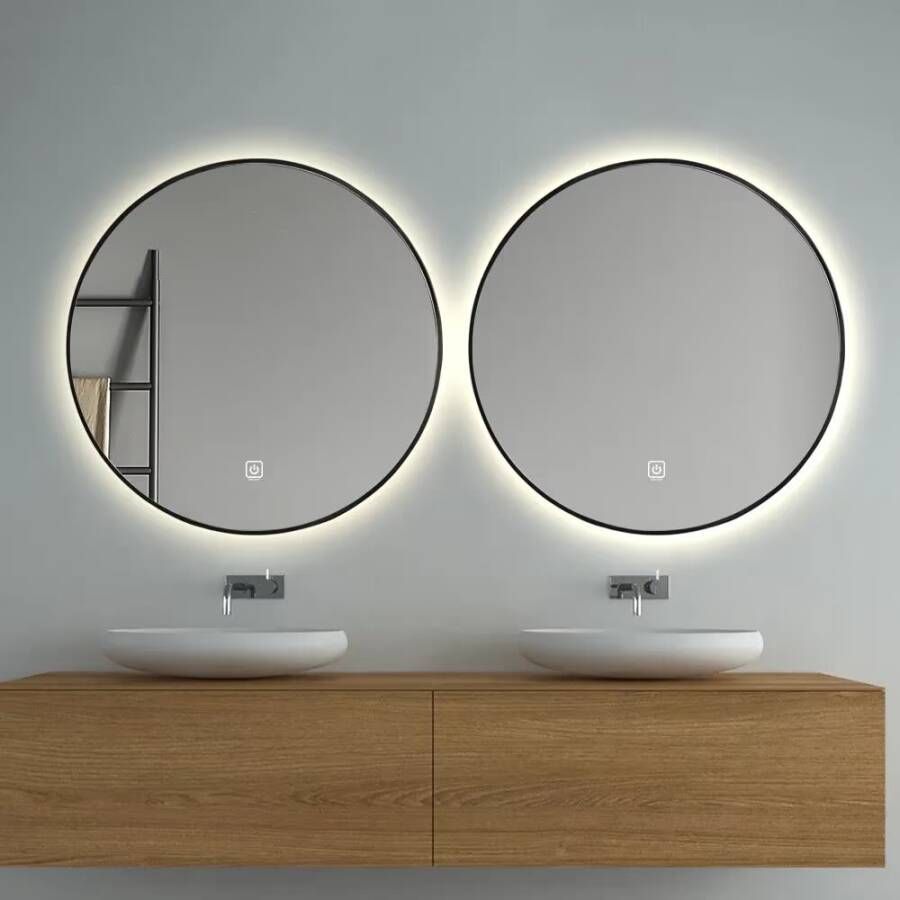 SaniClear Badkamerspiegel Circle Black | 70x70 cm | Set van 2 | Indirecte verlichting | Touch button | Met spiegelverwarming