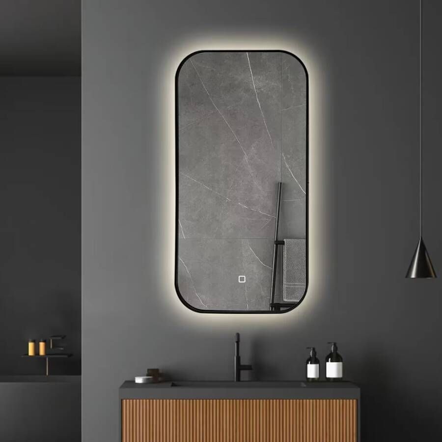 SaniClear Badkamerspiegel Denver | 50x100 cm | Indirecte verlichting | Touch button | Met spiegelverwarming | Zwart frame