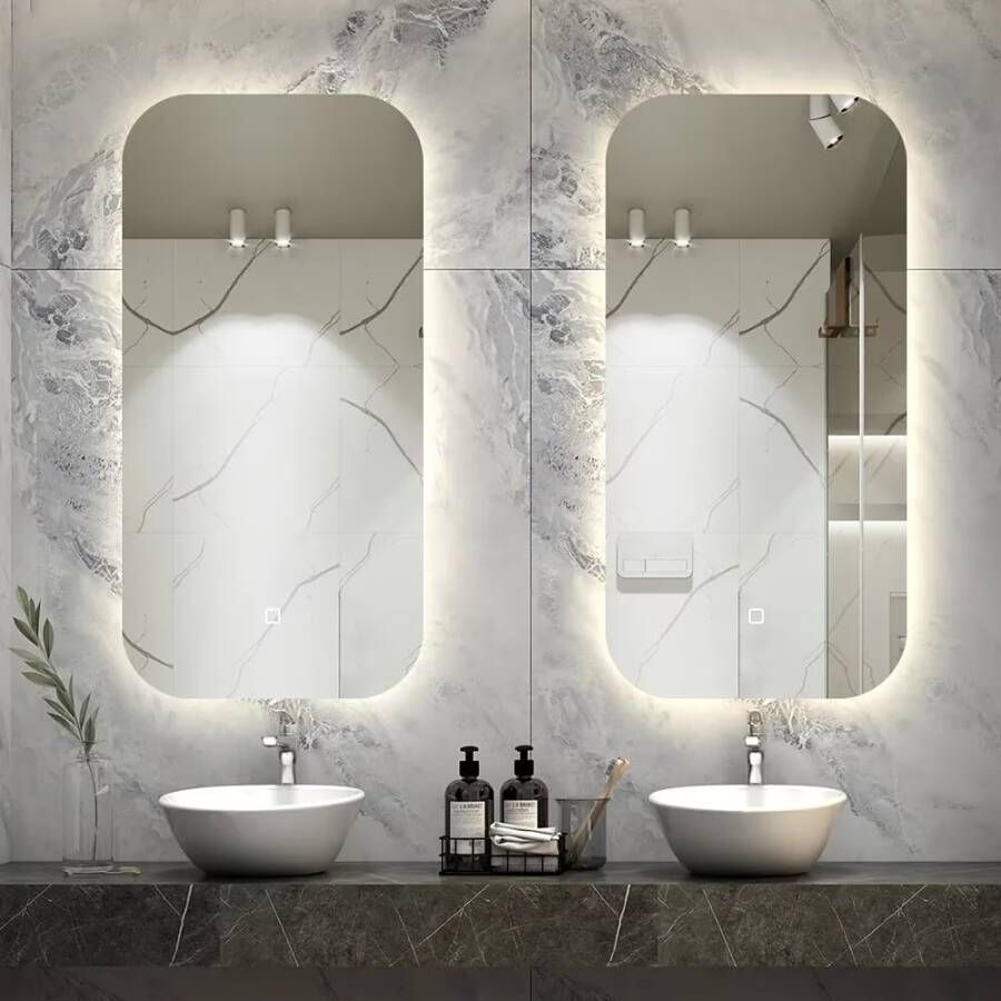 SaniClear Badkamerspiegel Denver | 50x100 cm | Set van 2 | Indirecte verlichting | Touch button | Met spiegelverwarming